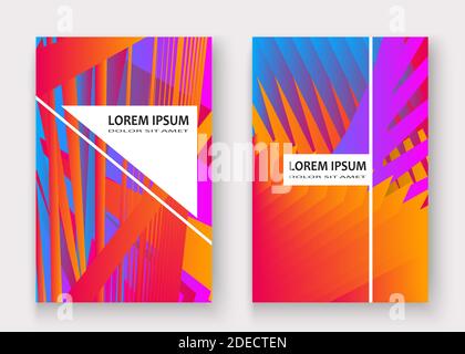 Colorful striped lines pattern geometric shape background. Creative cover set copy space design vector illustration. Neon blurred red orange gradient Stock Vector