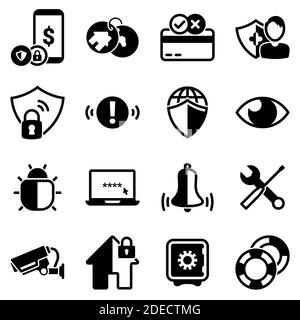 Set of simple icons on a theme Security, credit card, insurance, internet, surveillance, home, notification, vector, flat, sign, web, symbol, object. Stock Vector