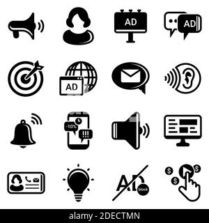 Set of simple icons on a theme Advertising, marketing, business, news, work, telemarketing, promotion, communication, internet , vector, set. Black ic Stock Vector