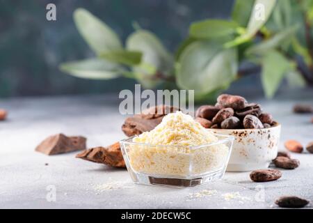 Organic cocoa butter, cocoa beans, grated cocoa lump, dark chocolate on gray blue background. Copy space Stock Photo