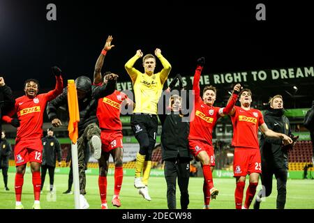 Farum, Denmark. 29th Nov, 2020. Players of FC Nordsjaelland celebrating after the 3F Superliga match between FC Nordsjaelland and AGF in Right to Dream Park, Farum. (Photo Credit: Gonzales Photo/Alamy Live News Stock Photo