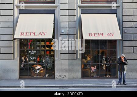 FLORENCE, ITALY - APRIL 30, 2015: Replay fashion store in Florence. Replay is an Italian fashion company founded in 1978. Stock Photo