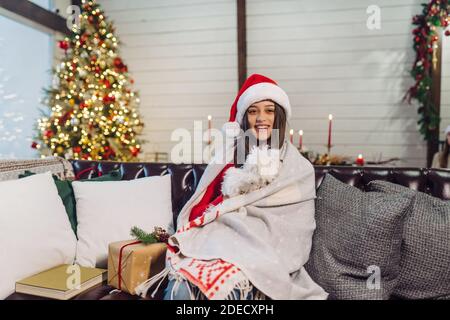 Girl with a small dog in her arms sits on the couch on new year's eve Stock Photo