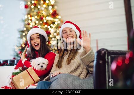 Two girls with a small dog are sitting on the couch on New Year's Eve. Stock Photo