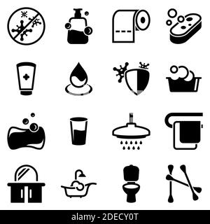 Set of simple icons on a theme Hygiene, sanitation, latrine, vector, design, collection, flat, sign, symbol,element, object, illustration. Black icons Stock Vector