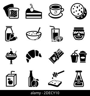 Set of simple icons on a theme Sweets, drinks, food, vector, design, collection, flat, sign, symbol,element, object, illustration. Black icons isolate Stock Vector