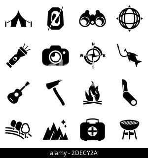 Set of simple icons on a theme summer camping, travel, vector, design, collection, flat, sign, symbol,element, object, illustration. Black icons isola Stock Vector