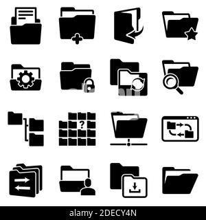 Set of simple icons on a theme Folder, documents, files, vector, design, collection, flat, sign, symbol,element, object, illustration. Black icons iso Stock Vector