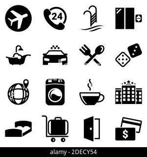 Set of simple icons on a theme Hotel, overnight, moving, vector, design, collection, flat, sign, symbol,element, object, illustration. Black icons iso Stock Vector