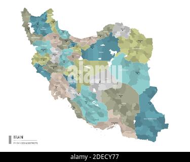 Iran higt detailed map with subdivisions. Administrative map of Iran with districts and cities name, colored by states and administrative districts. V Stock Vector