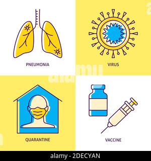 Coronavirus infection icon set in line style. Lungs with pneumonia, covid-19 vaccine, quarantine and virus symbols. Vector illustration. Stock Vector