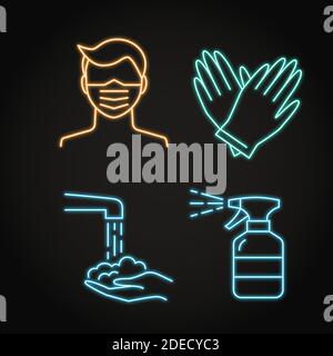 Neon coronavirus prevention icon set in line style. Protective face mask, hands washing, disinfection and rubber gloves symbols. Vector illustration. Stock Vector