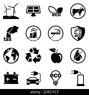 Set of simple icons on a theme Eco, vector, design, collection, flat, sign, symbol,element, object, illustration. Black icons isolated against white b Stock Vector