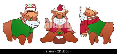 Cute animal characters for 2021 Christmas. Bulls symbols in cartoon style. Three kawaii oxes in masks against COVID, isolated cliparts Stock Vector