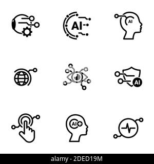 Set of simple icons on a theme Artificial Intelligence, vector, design, collection, flat, sign, symbol,element, object, illustration, isolated. White Stock Vector