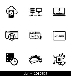 Set of black icons isolated on white background, on theme Computer and network Stock Vector