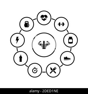 Set of simple icons on a theme Fitness, vector, design, collection, flat, sign, symbol,element, object, illustration, isolated. White background Stock Vector