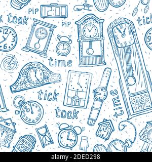 Seamless watches background. Vector time symbols. Hand-drawn illustration. Stock Vector