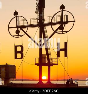 semaphore, signal mast of Bremerhaven at sunset, Germany, Bremen, Bremerhaven Stock Photo