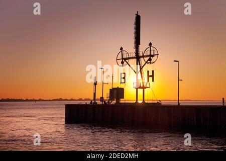 semaphore, signal mast of Bremerhaven at sunset, Germany, Bremen, Bremerhaven Stock Photo