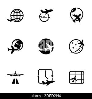 Set of black icons isolated on white background, on theme Aircraft Stock Vector