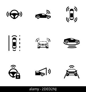 Set of black icons isolated on white background, on theme Autonomous driving Stock Vector