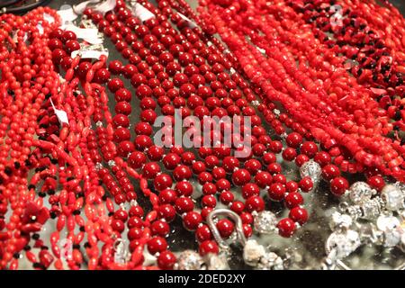 Coral jewellery in Croatia. Jewelry store window display in Split, Croatia. Stock Photo