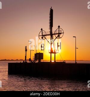 semaphore, signal mast of Bremerhaven at sunset, Germany, Bremen, Bremerhaven Stock Photo