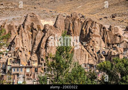 Panorama of Kandovan village with its rock houses, Sahand mountains, East Azerbaijan, Iran Stock Photo