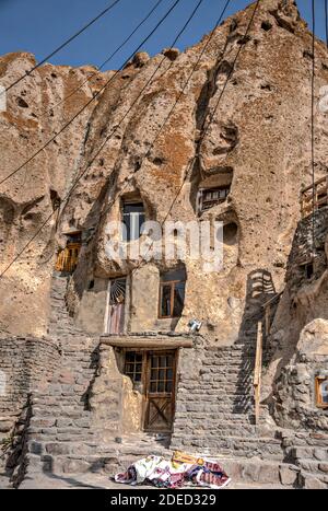 Detail of house carved in rock, Kandovan, Sahand mountains, East Azerbaijan, Iran Stock Photo