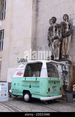 COIMBRA, PORTUGAL - MAY 26, 2018: Weeel frozen yogurt trailer in Portugal. Coimbra is the 4th largest population centre in Portugal. Stock Photo