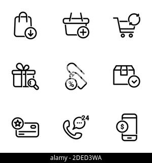 Set of black icons isolated on white background, on theme Shopping Stock Vector