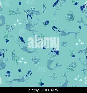 Seamless vector pattern with lovely beautiful mermaids and decorative sea elements as wheel, shells, anchor, fish Stock Vector