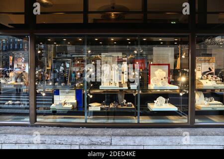 AMSTERDAM, NETHERLANDS - JULY 9, 2017: Jewelry shop in Amsterdam, Netherlands. Amsterdam has a long history of diamond trade and industry. Stock Photo