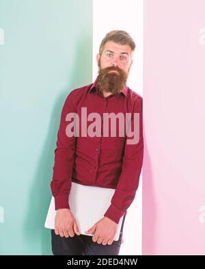 Man bearded hipster worker with laptop lean on wall. Guy web developer programmer or designer. Common thought designers are hipsters. Why so many graphic designers hipsters. Stereotypes of designers. Stock Photo