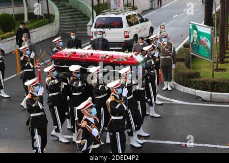 Tehran, Iran. 30th Nov, 2020. A handout photo made available by the Iranian defense ministry office shows soldiers carrying the coffin of slain Iranian nuclear scientist Mohsen Fakhrizadeh during a funeral procession inside the Iranian defense ministry in Tehran, Iran, 30 November 2020. With a funeral worthy of the Islamic Republic's greatest ''martyrs'', Tehran paid a final tribute to a scientist killed in an assassination blamed on Israel and promised to continue his work. Credit: ZUMA Press, Inc./Alamy Live News Stock Photo