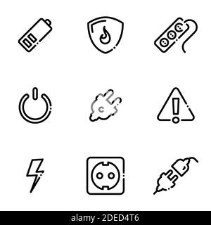 Set of black icons isolated on white background, on theme Power socket Stock Vector