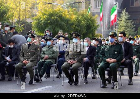Tehran, Iran. 30th Nov, 2020. A handout photo made available by the Iranian defense ministry office shows officials during the funeral of slain Iranian nuclear scientist Mohsen Fakhrizadeh inside the Iranian defense ministry in Tehran, Iran, 30 November 2020. With a funeral worthy of the Islamic Republic's greatest ''martyrs'', Tehran paid a final tribute to a scientist killed in an assassination blamed on Israel and promised to continue his work. Credit: ZUMA Press, Inc./Alamy Live News Stock Photo