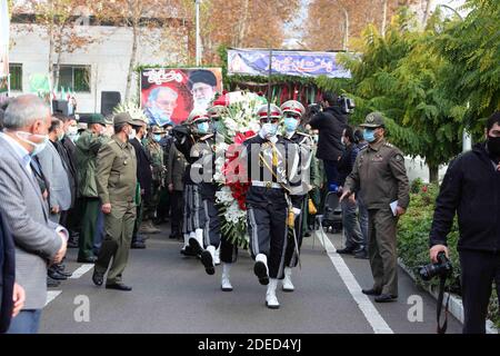 Tehran, Iran. 30th Nov, 2020. A handout photo made available by the Iranian defense ministry office shows soldiers carrying the coffin of slain Iranian nuclear scientist Mohsen Fakhrizadeh during a funeral procession inside the Iranian defense ministry in Tehran, Iran, 30 November 2020. With a funeral worthy of the Islamic Republic's greatest ''martyrs'', Tehran paid a final tribute to a scientist killed in an assassination blamed on Israel and promised to continue his work. Credit: ZUMA Press, Inc./Alamy Live News Stock Photo