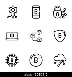 Set of black icons isolated on white background, on theme Blockchain technology Stock Vector