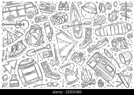 Hand drawn hiking and camping set doodle vector illustration background Stock Vector