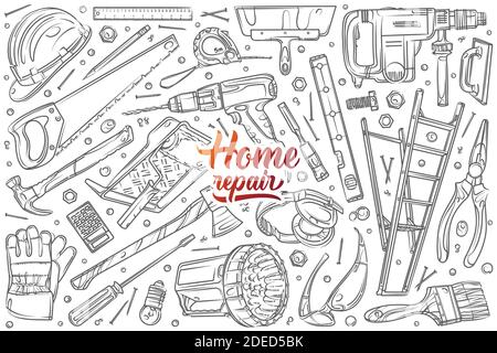 Hand drawn home repair set doodle vector illustration background Stock Vector