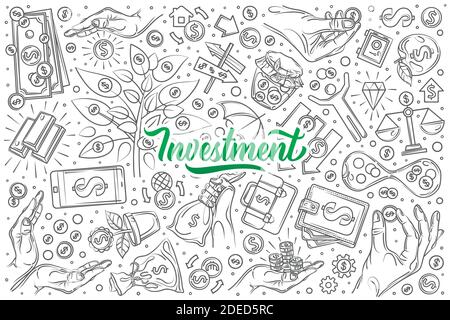 Hand drawn investment set doodle vector illustration background Stock Vector