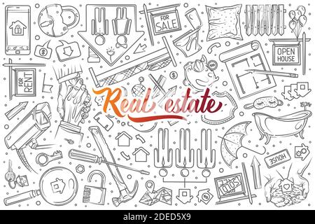 Hand drawn real estate set doodle vector illustration background Stock Vector
