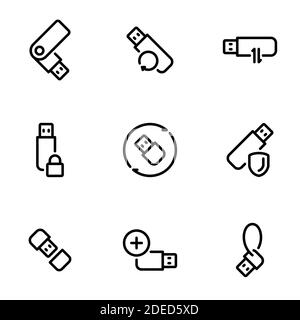 Set of black vector icons, isolated on white background, on theme Usb Stock Vector