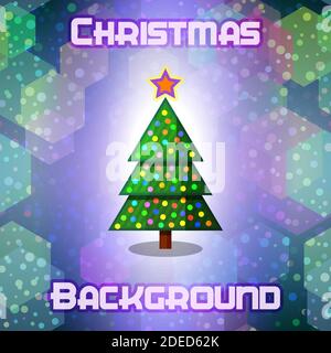 Christmas Background, Fir Tree with Holiday Decoration, Star and Abstract Geometric Pattern. Vector Stock Vector