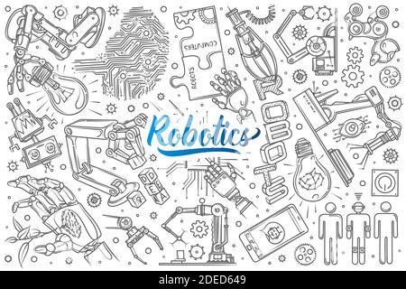Hand drawn robotics set doodle vector illustration background Stock Vector