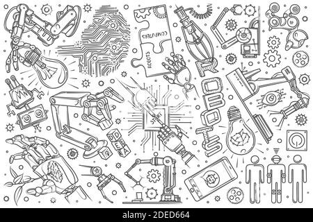 Hand drawn robotics set doodle vector illustration background Stock Vector