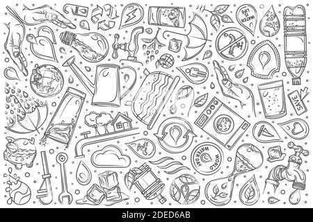 Hand drawn saving water set doodle vector illustration background Stock Vector