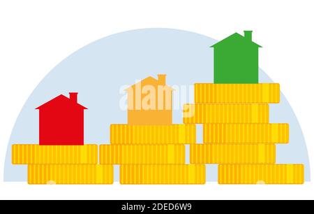 Three houses on piles of new coins vector illustration Stock Vector